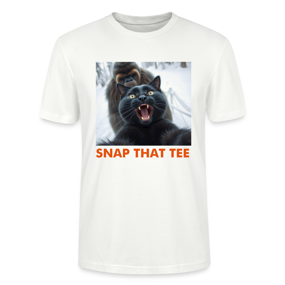 He’s Right Behind Me – Funny Cat Bigfoot Selfie Shirt - blanc