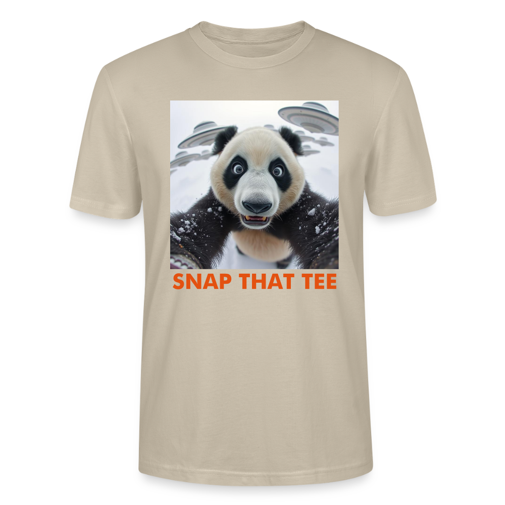 Panda Panic Protocol T-Shirt – Funny UFO Panda Selfie Shirt– Snap That Tee - beige
